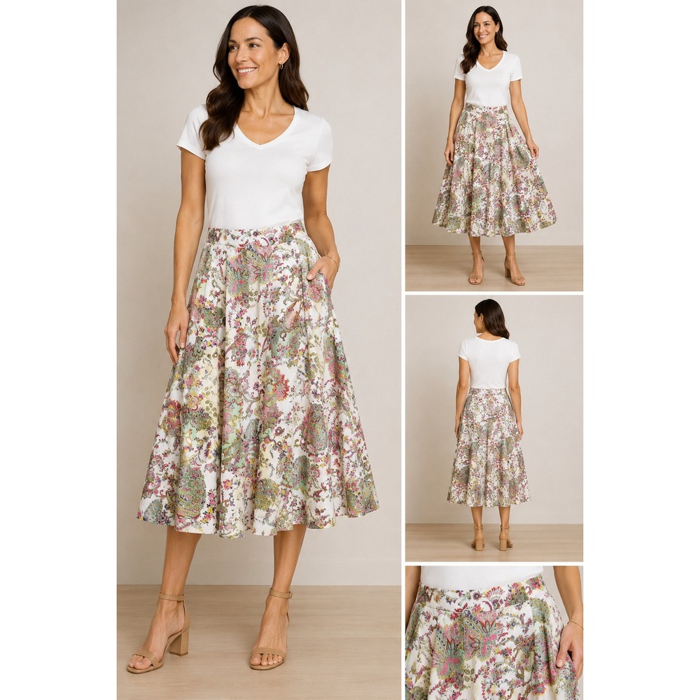 Grace Elements Women XL Linen Rayon Paisley Floral A-Line Midi Skirt White Multi